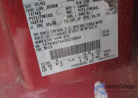 2003 Ford F-150 Lariat/Xlt из США, поврежденный, VIN 1FTRW07663KD35854